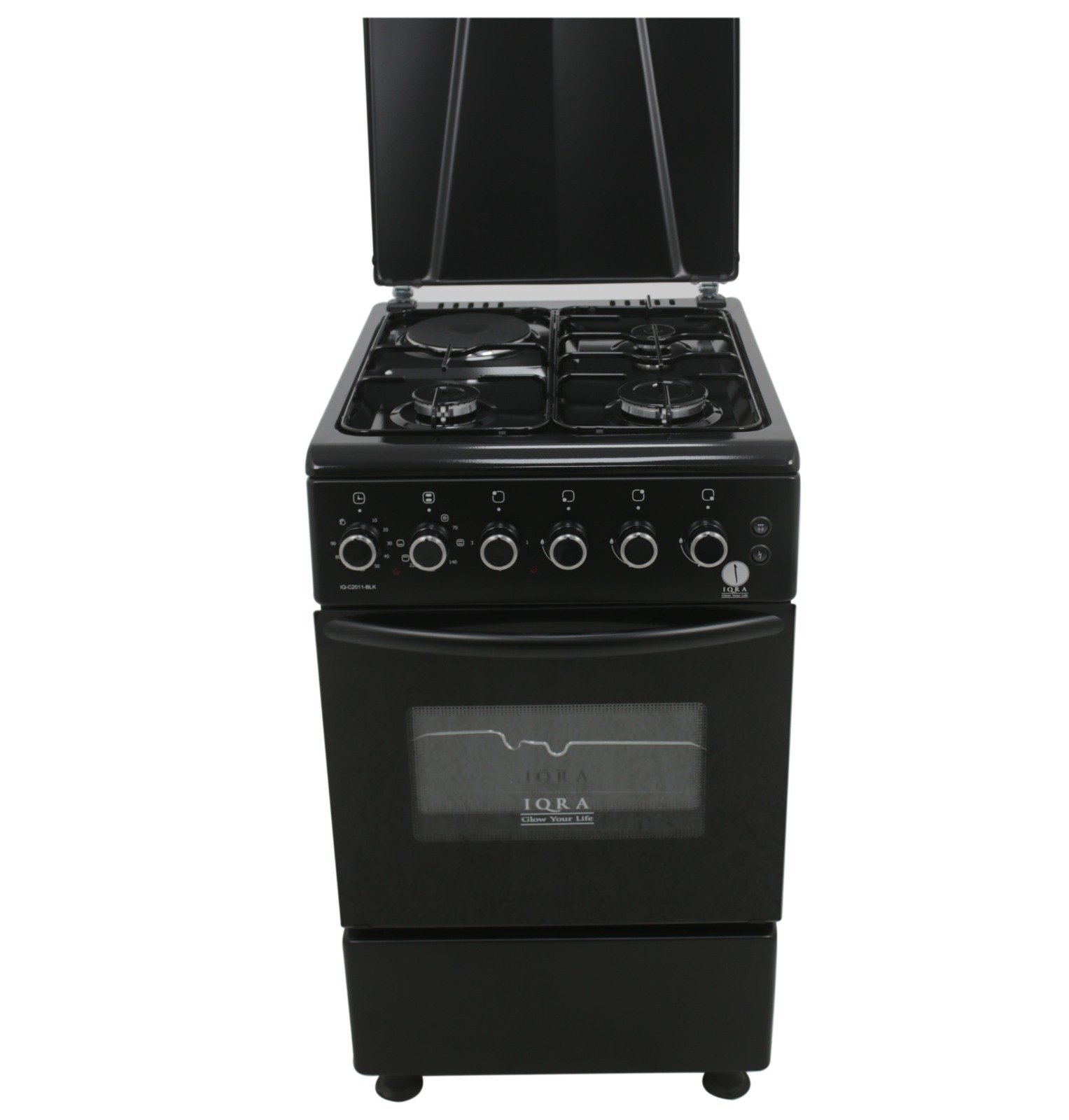 IQRA 50x60cm Freestanding Cooker, 3 Gas +1 Hotplate, Auto Ignition, Black, Grill and Rotisserie, IQ-C2011-BLK